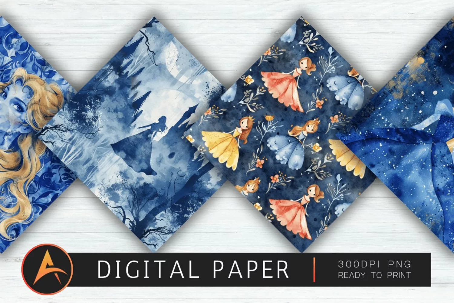 Navy Blue Watercolor Princess Digital Paper product image 1