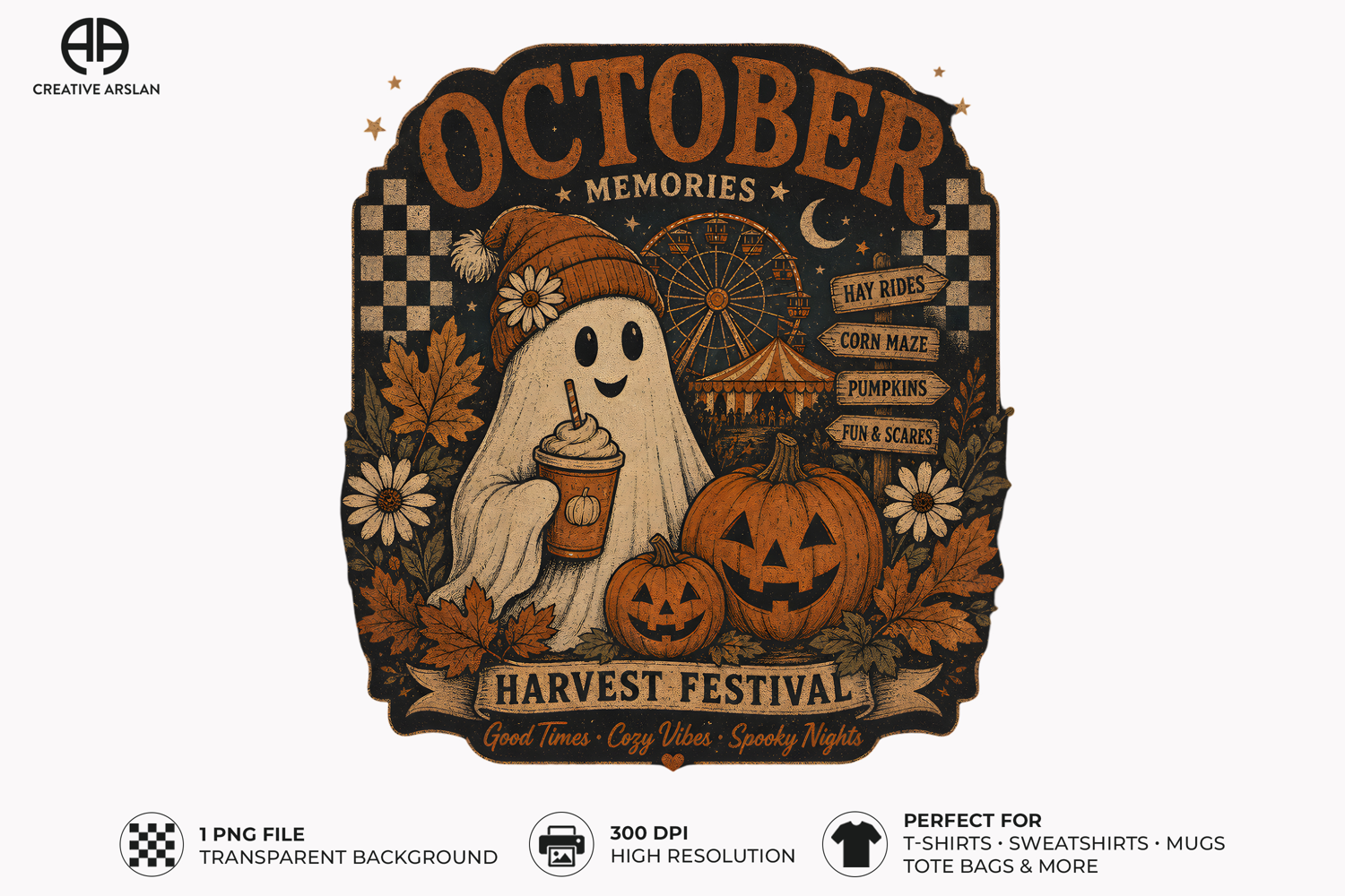 october ghost png, vintage ghost png, halloween ghost design, retro halloween png, autumn ghost art, ghost sublimation png, halloween shirt design, spooky season png, vintage fall design, ghost lover gift