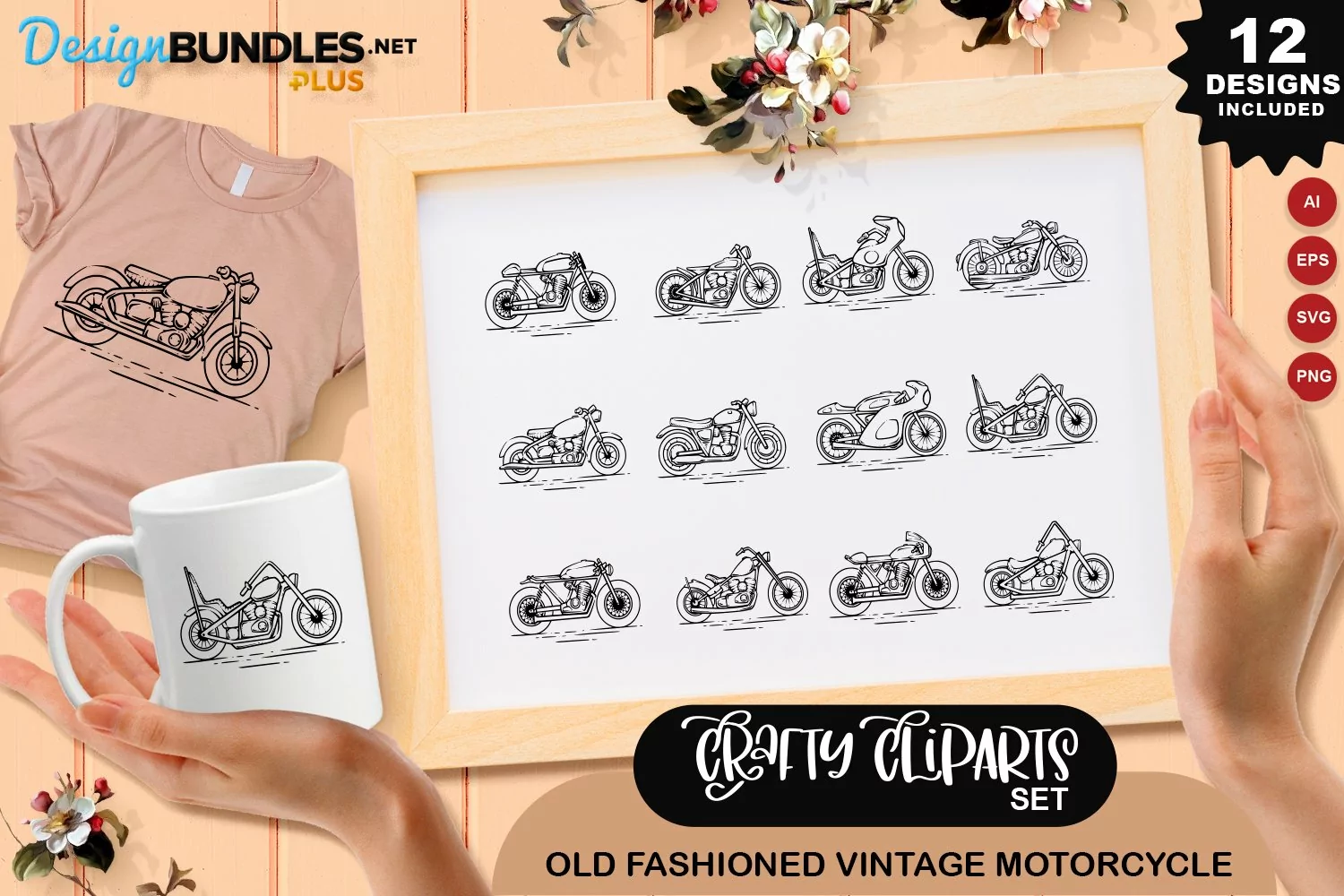 Old Fashioned Vintage Motorcycle Clipart Set product image 1