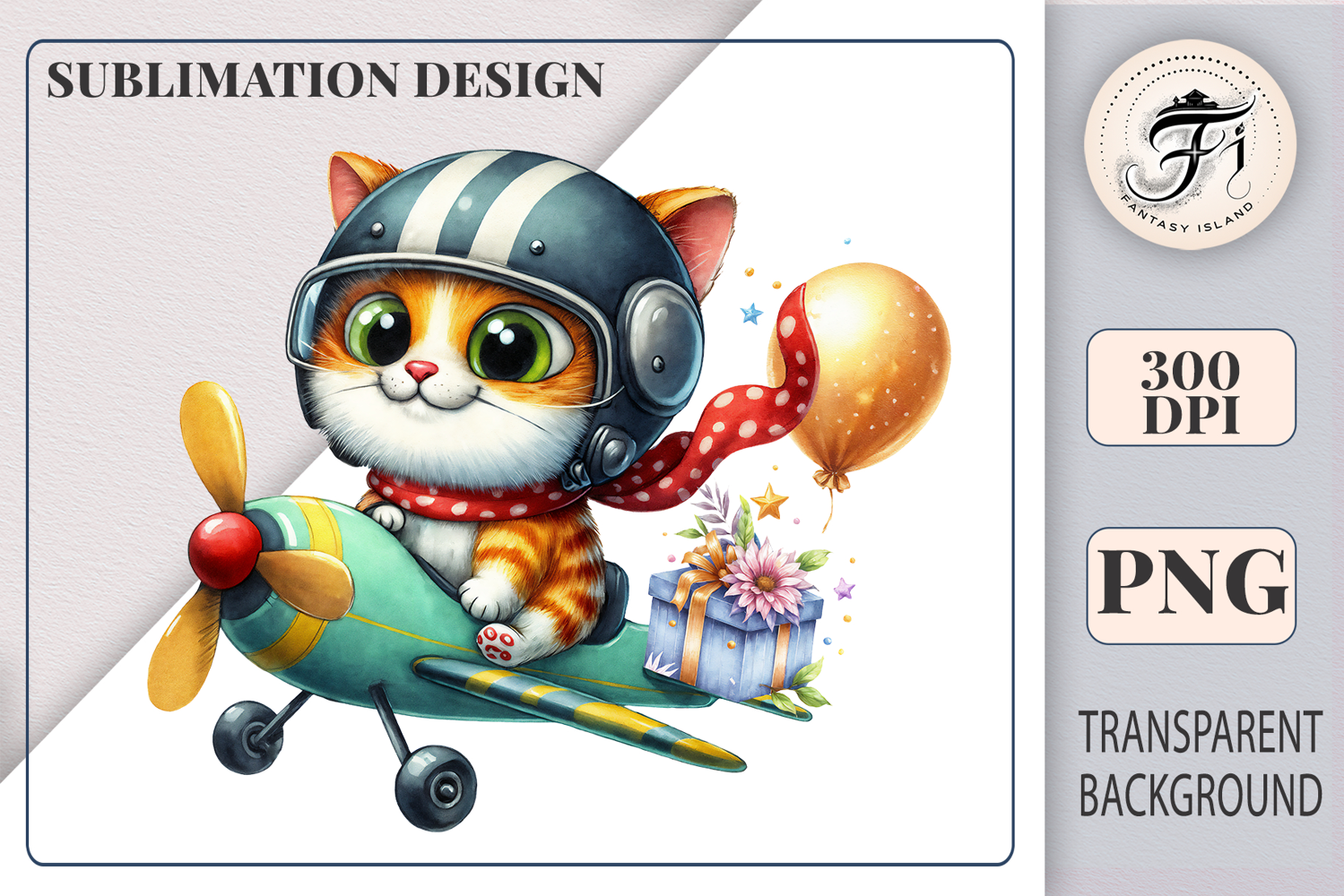 Watercolor sublimation clipart with orange cat pilot in a plane – ideal for children’s printables and birthday crafts.