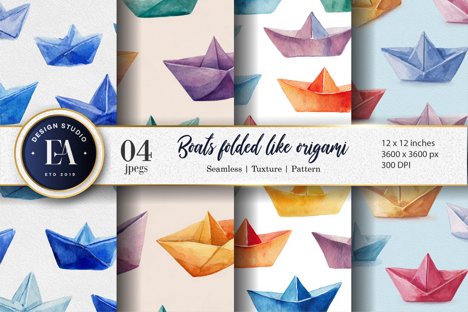 Origami Boat Watercolor Seamless Pattern Digital Paper product image 1