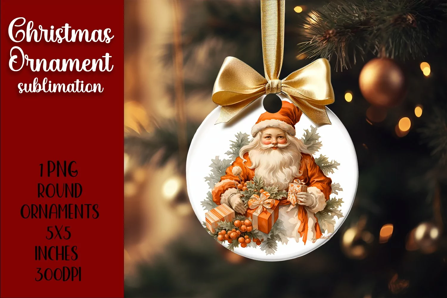 Happy Santa Ornament Sublimation, Round Ornament Png product image 1