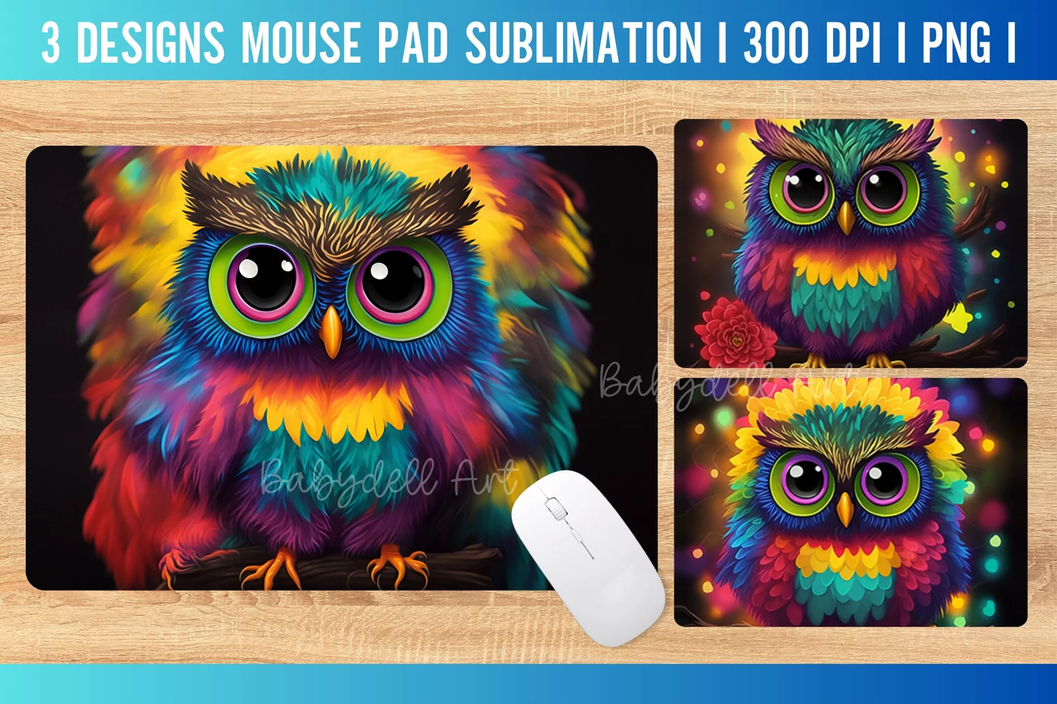 Colorful Owl Mouse Pad Sublimation Design PNG product image 1