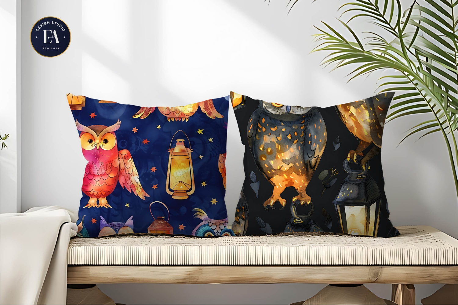 Owls with Glowing Lanterns Watercolor Digital Paper product image 1