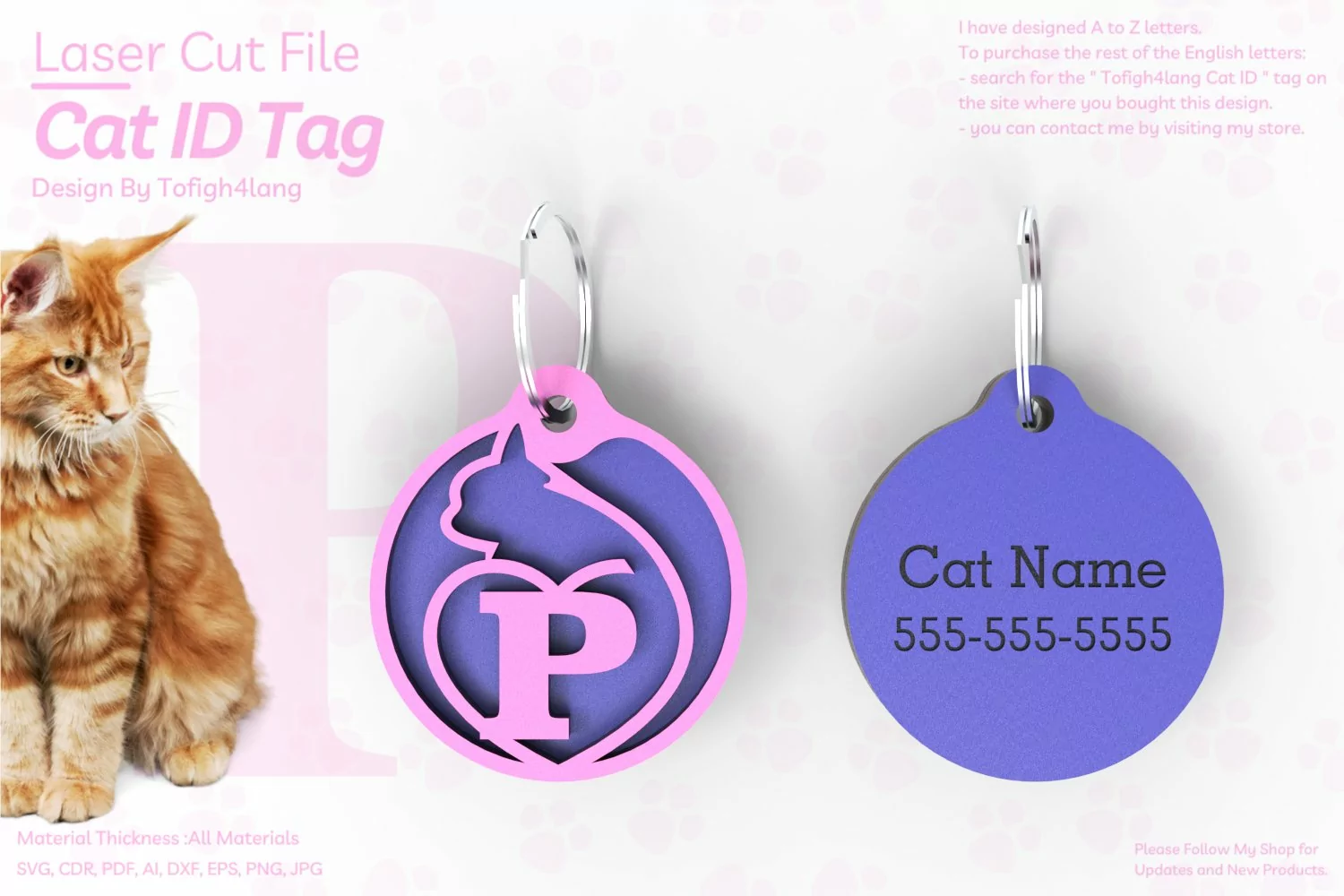 P | Cat ID Tag | Cat ID Tag Slide On Collar| laser cut | SVG product image 1