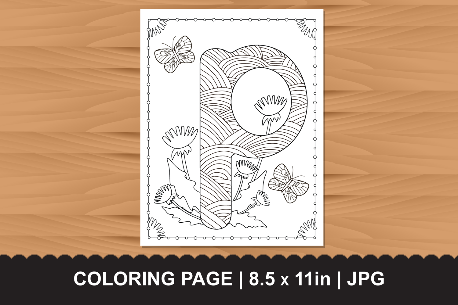 Letter P Coloring Page with Butterflies and Flowers product image 1