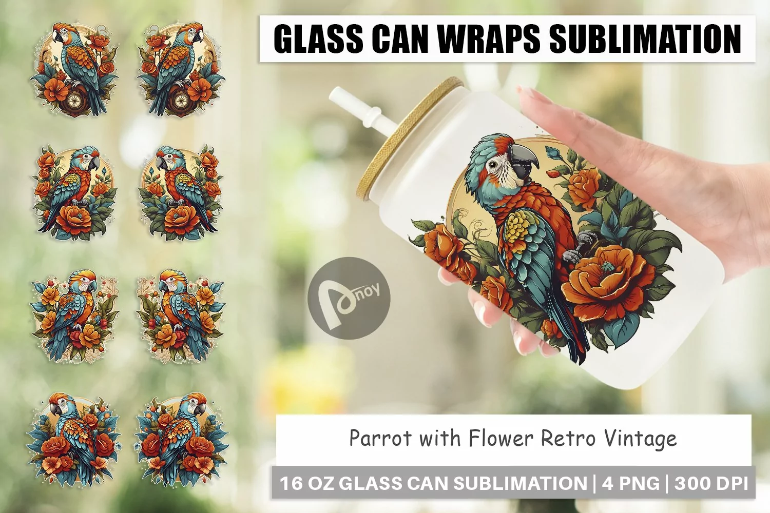 Glass Can Wraps Parrot and Flower product image 1