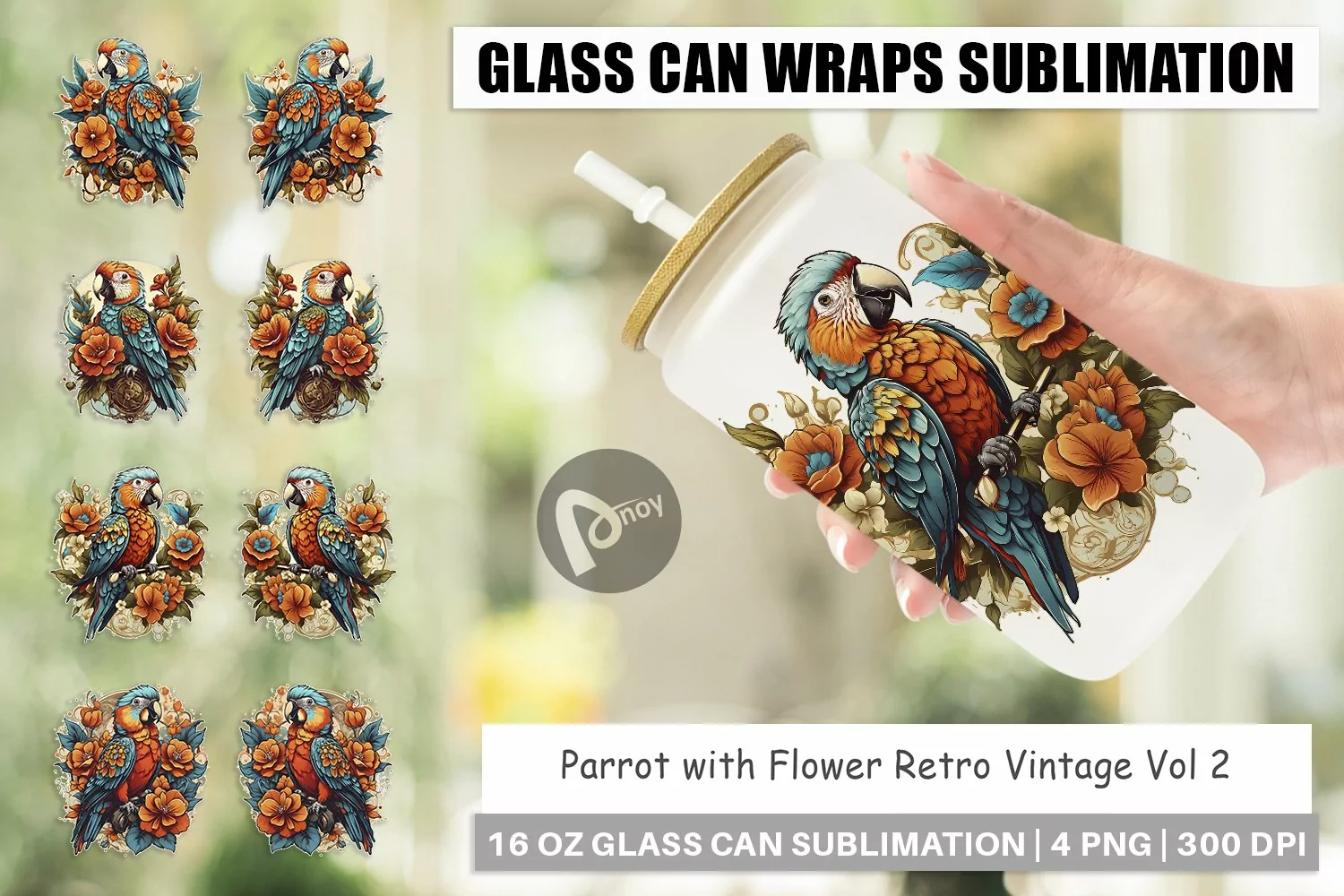 Glass Can Wraps Parrot and Flower product image 1