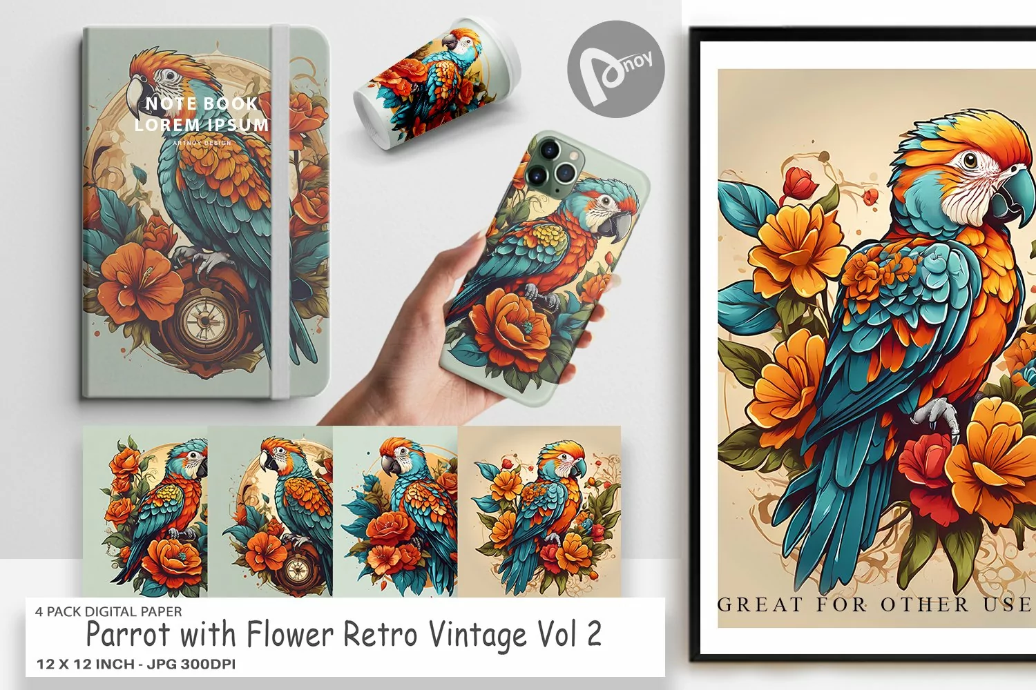 Digital Paper Parrot and Flower product image 1