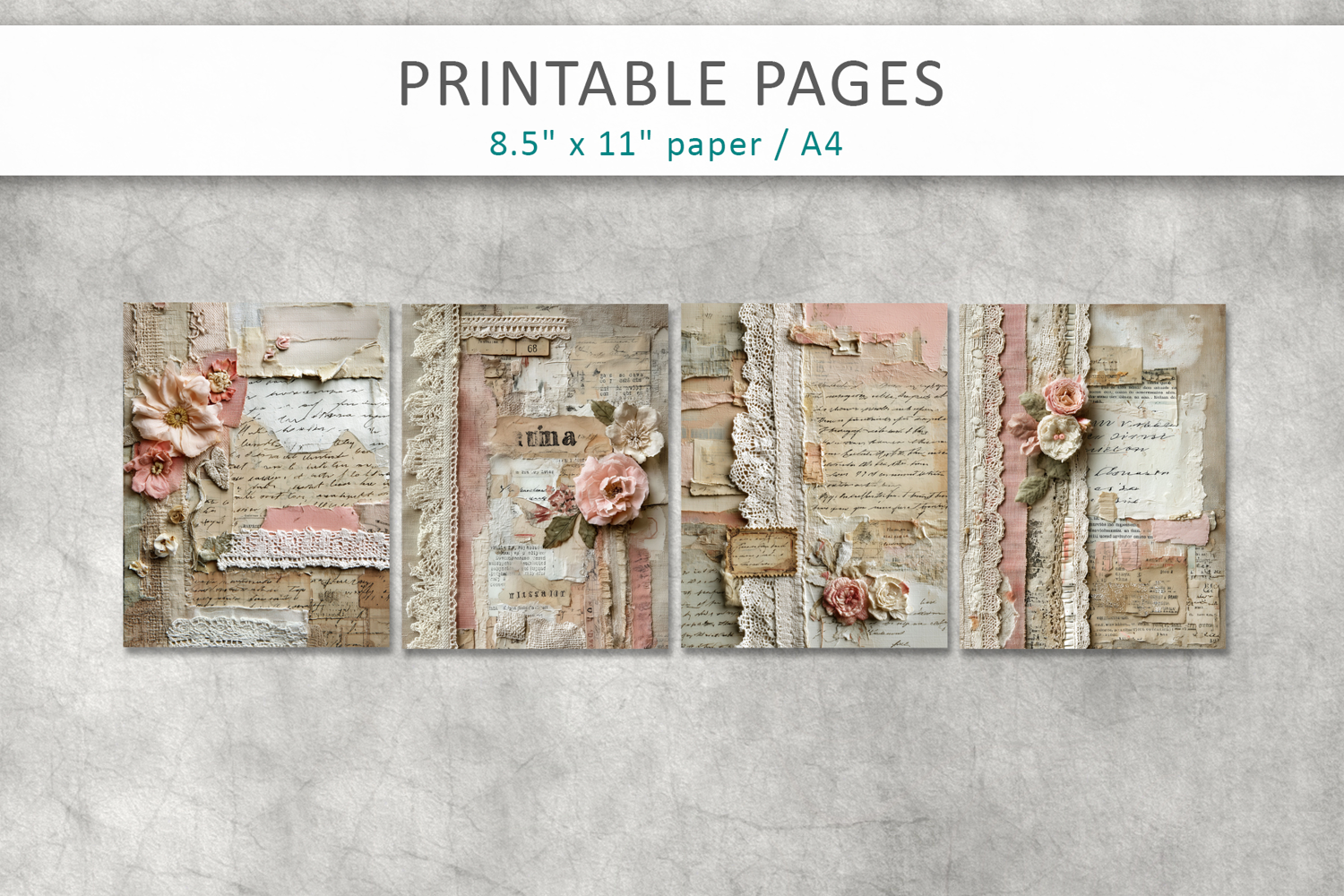 Floral Junk Journal Page, handwritten script paper product image 1
