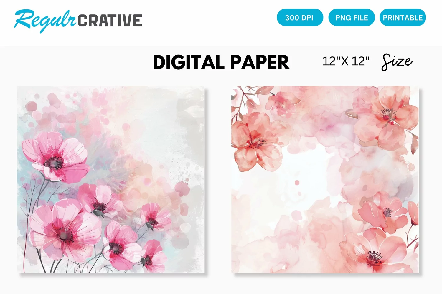 Pastel Pink Watercolor Flowers Seamless Digital Paper product image 1
