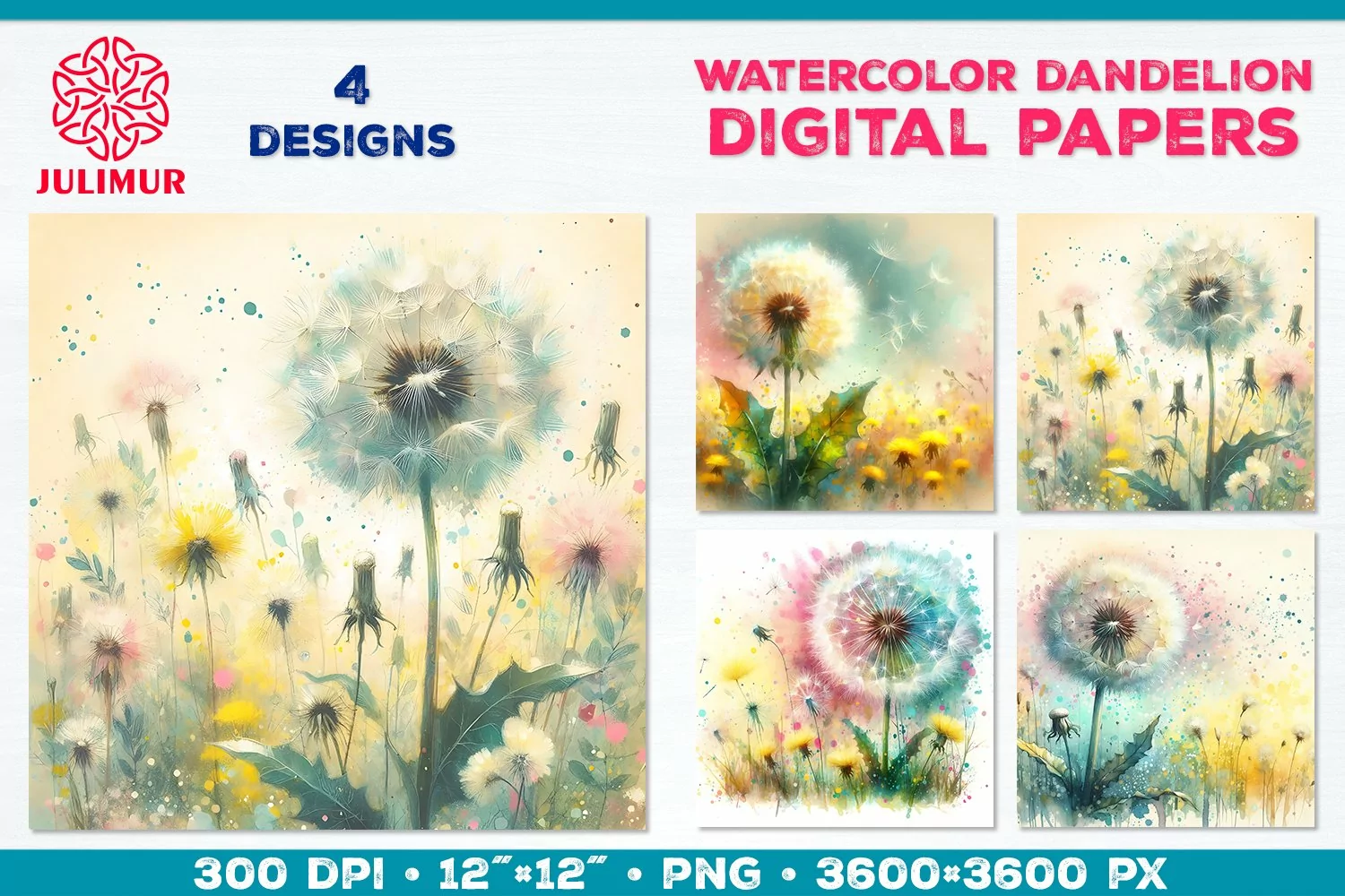 Whimsical Dandelion Meadow Digital Paper. Watercolor Flower product image 1