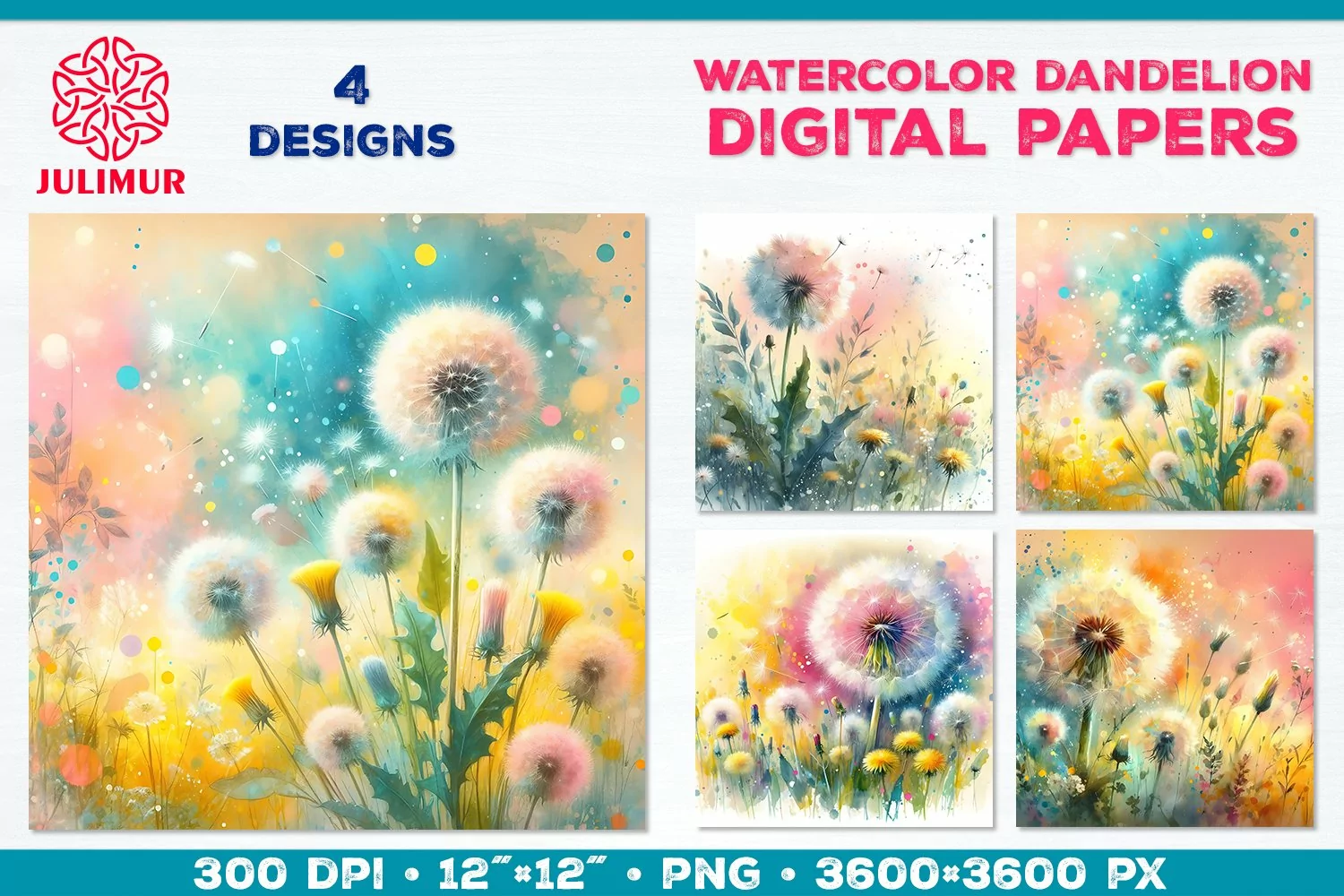 Whimsical Dandelion Meadow Digital Paper. Watercolor Flower product image 1