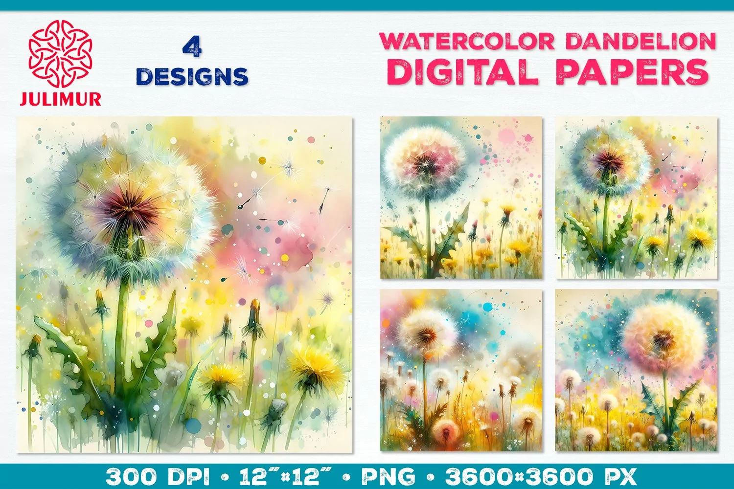 Whimsical Dandelion Meadow Digital Paper. Watercolor Flower product image 1