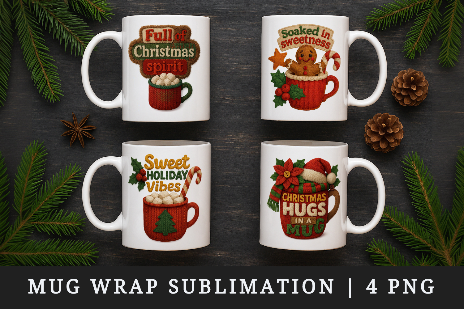 Patchwork Christmas mug wrap printable sublimation design product image 1