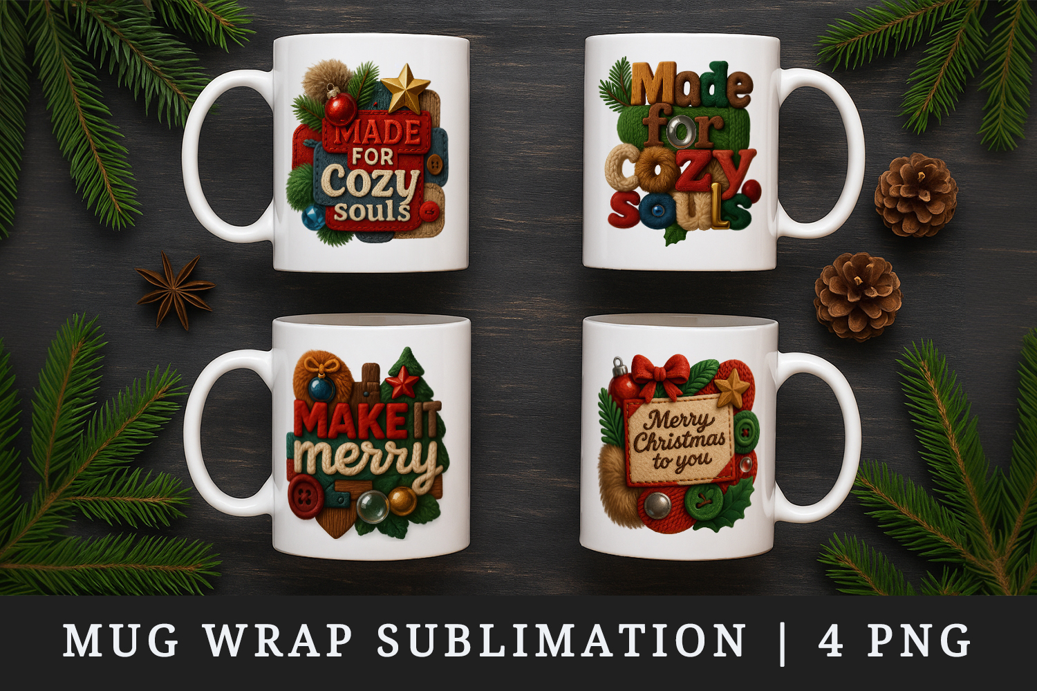 Patchwork Christmas mug wrap printable sublimation design product image 1