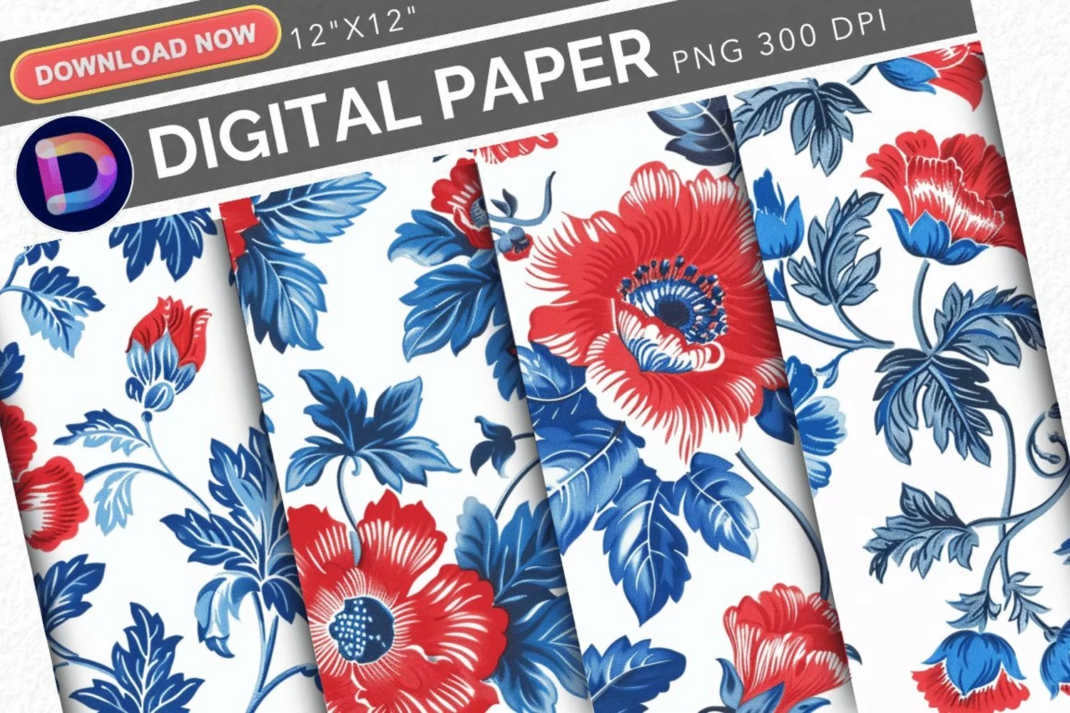 Patriotic Vintage Flowers Digital Paper product image 1