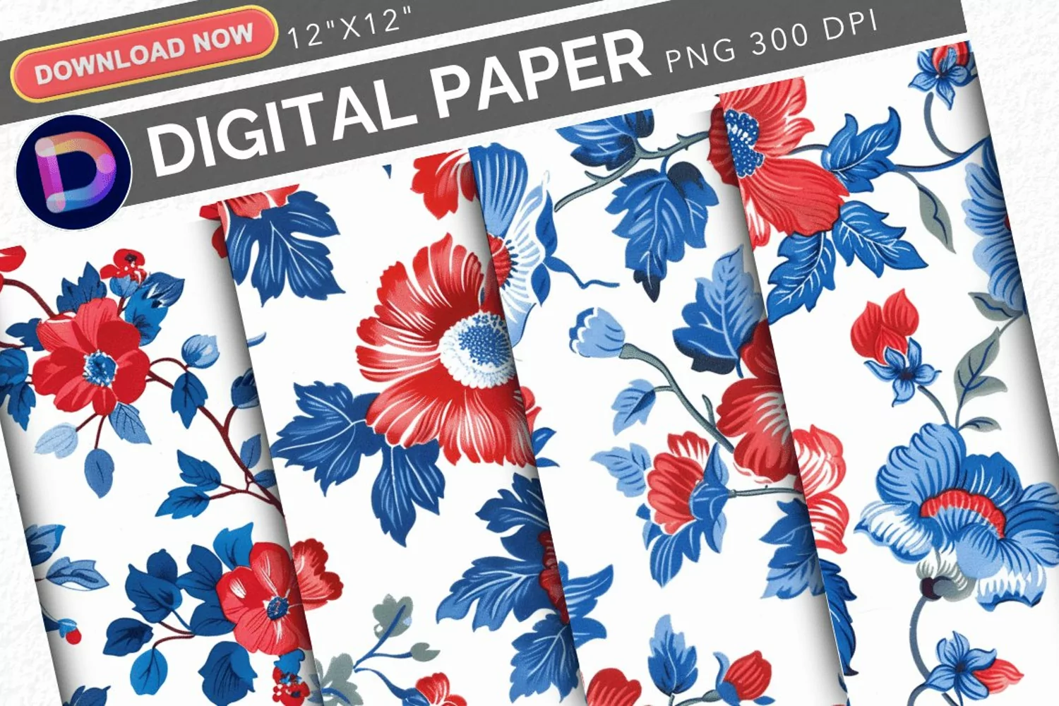 Patriotic Vintage Flowers Digital Paper product image 1