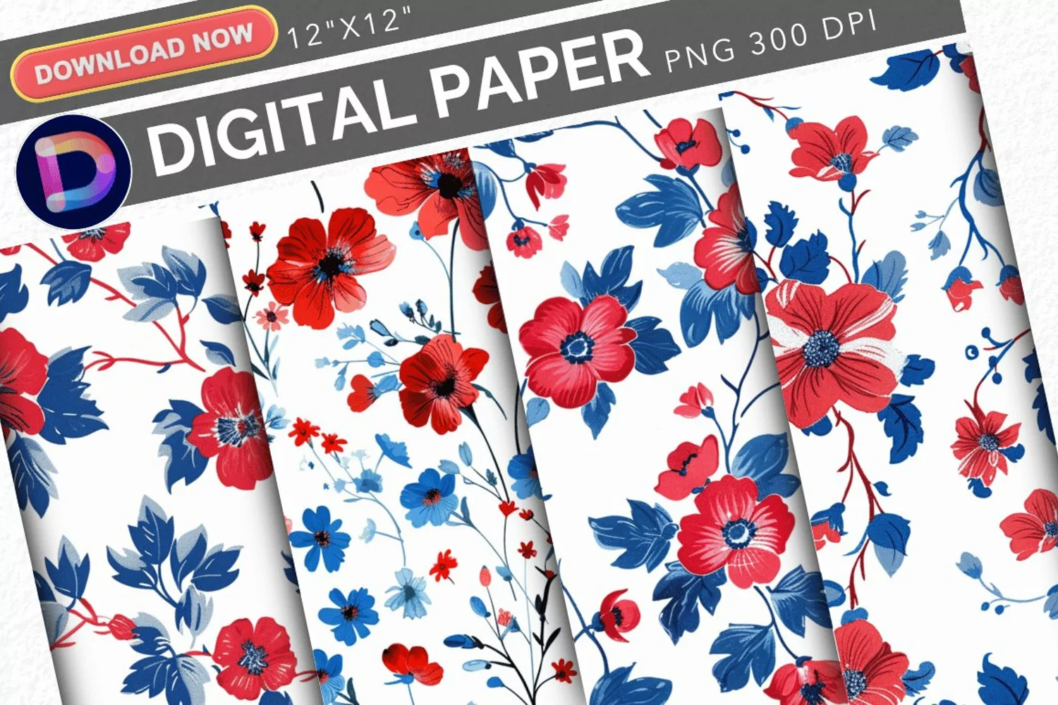 Patriotic Vintage Flowers Digital Paper product image 1