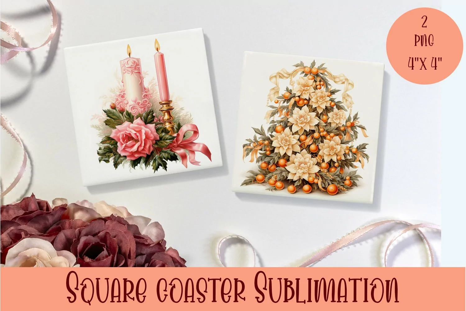 Peach color christmas victorian Square Coaster Sublimation product image 1