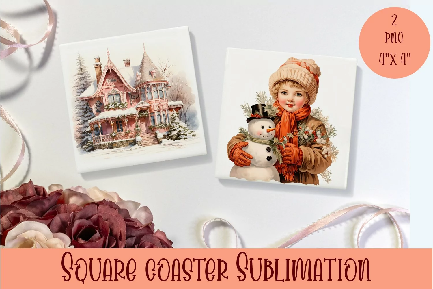 Peach color christmas victorian Square Coaster Sublimation product image 1