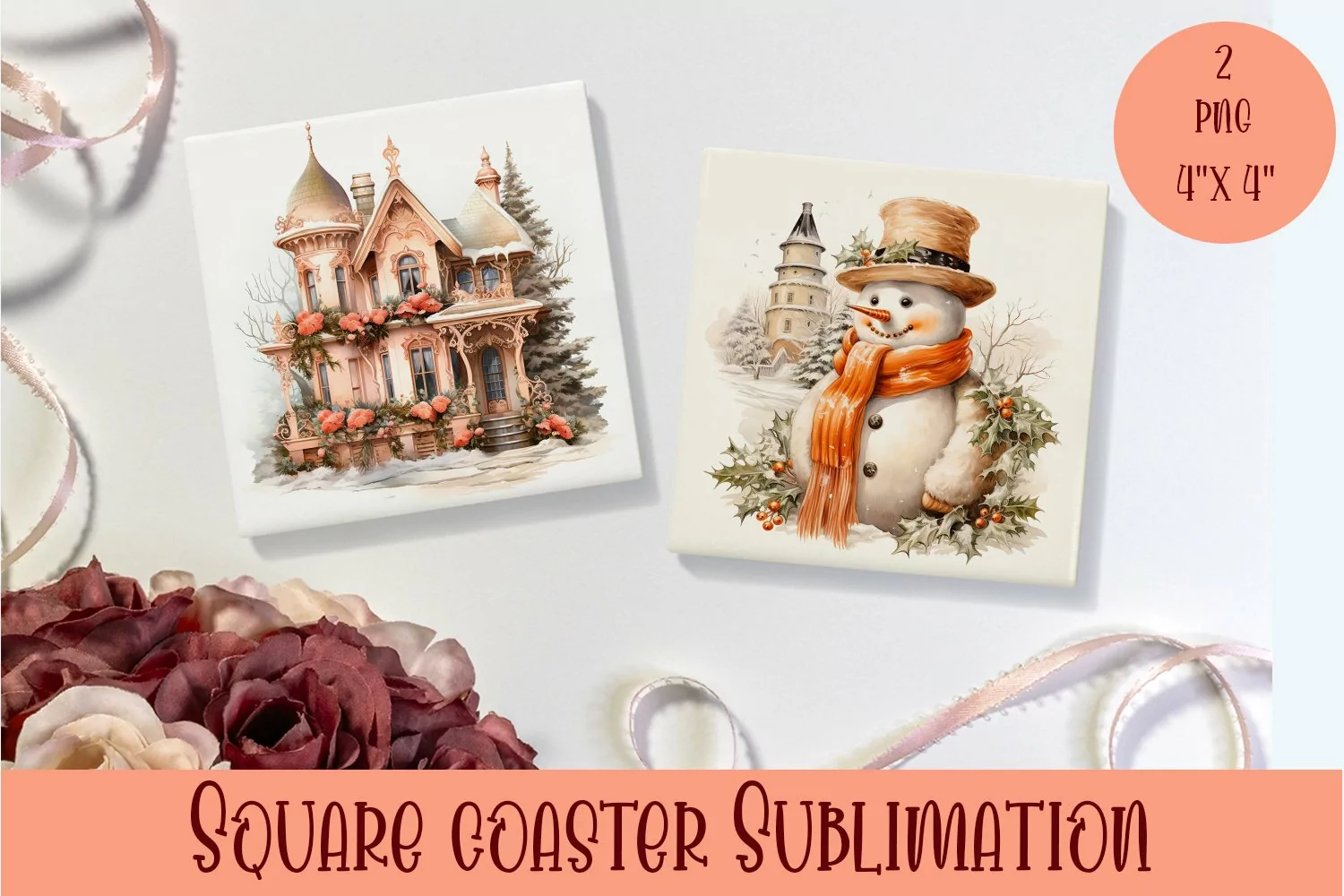 Peach color christmas victorian Square Coaster Sublimation product image 1