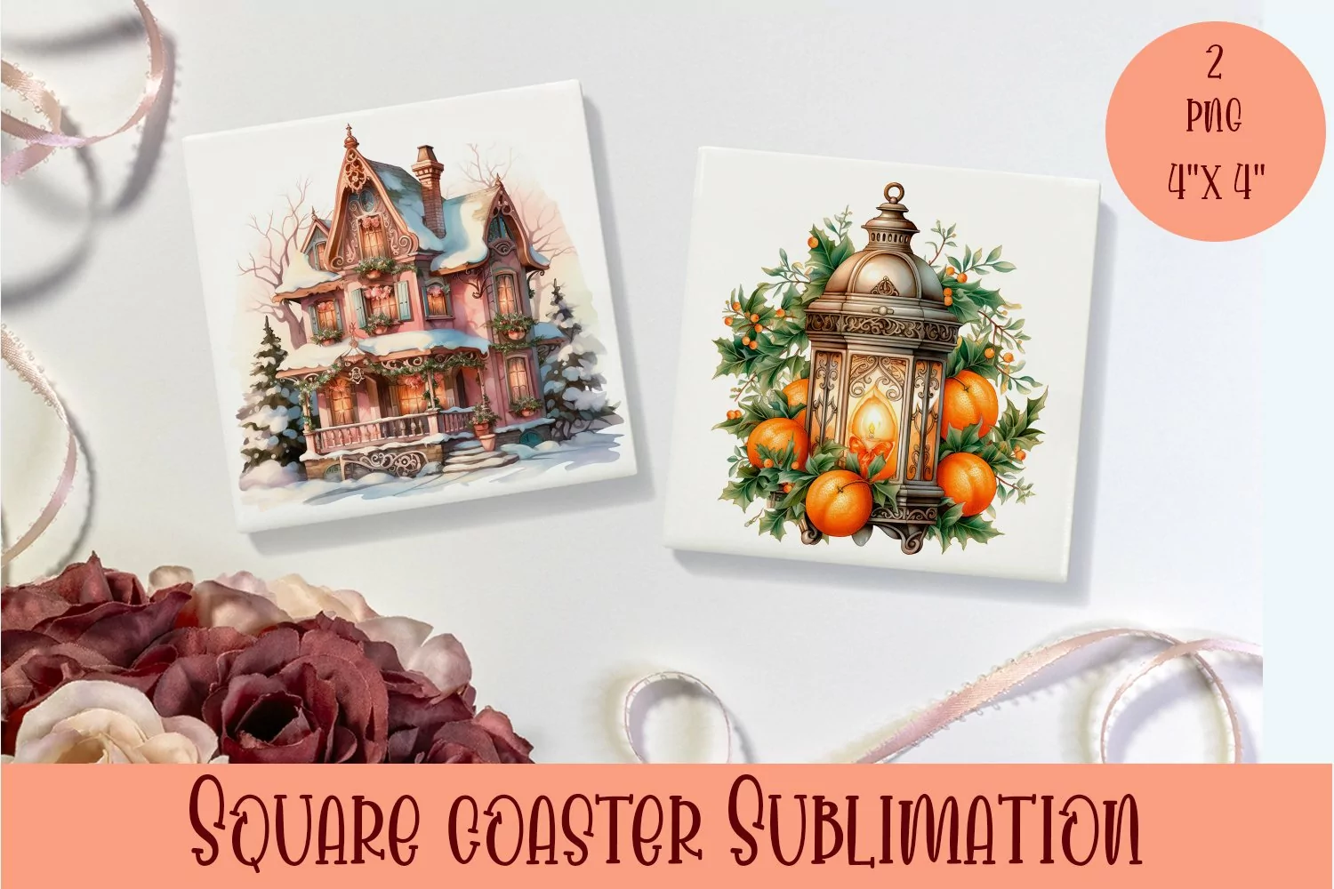Peach color christmas victorian Square Coaster Sublimation product image 1