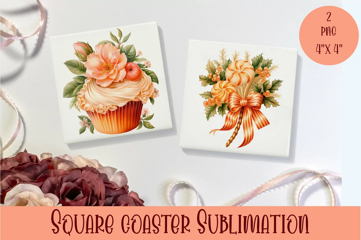 Peach color christmas victorian Square Coaster Sublimation product image 1