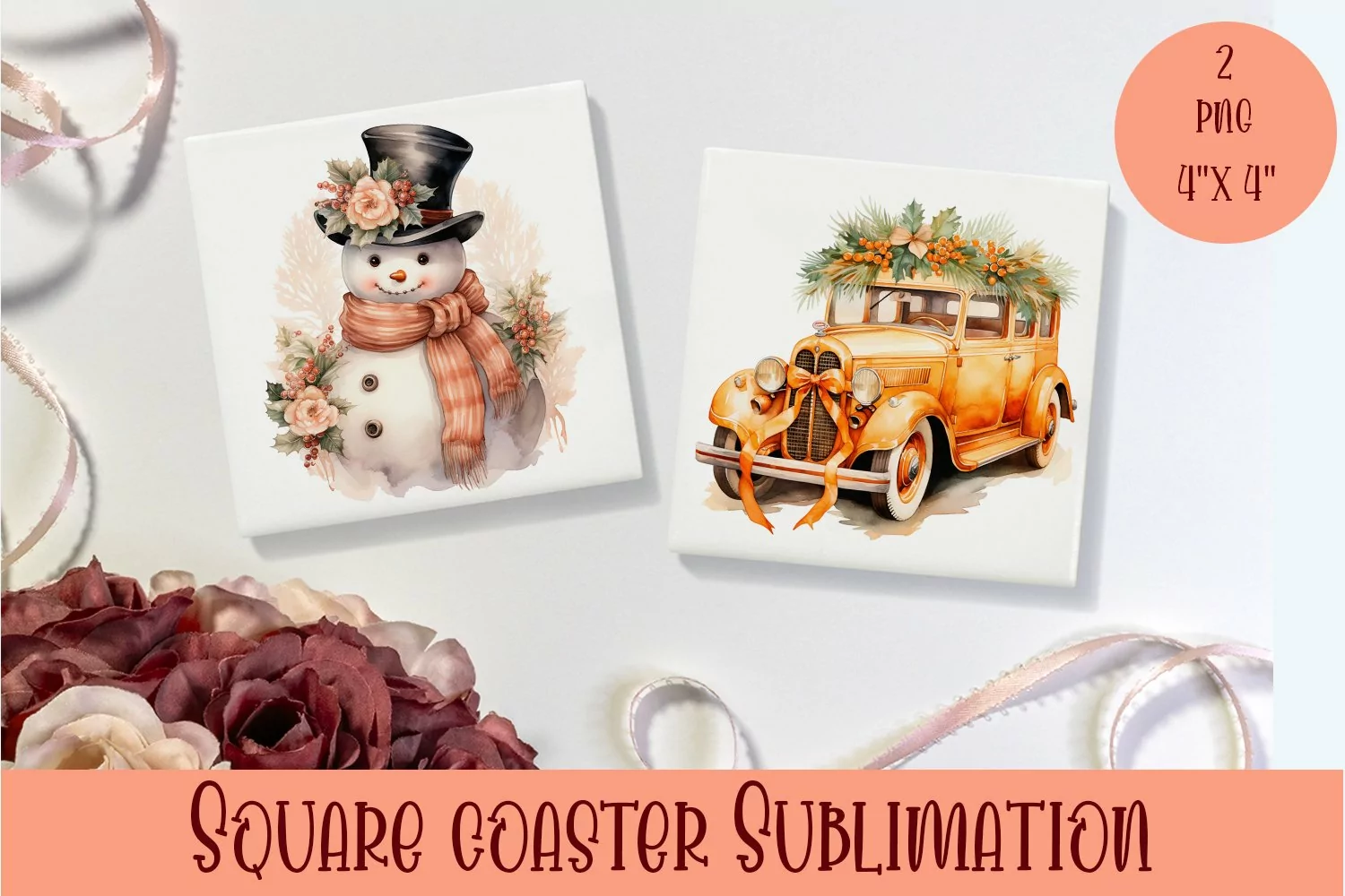 Peach color christmas victorian Square Coaster Sublimation product image 1