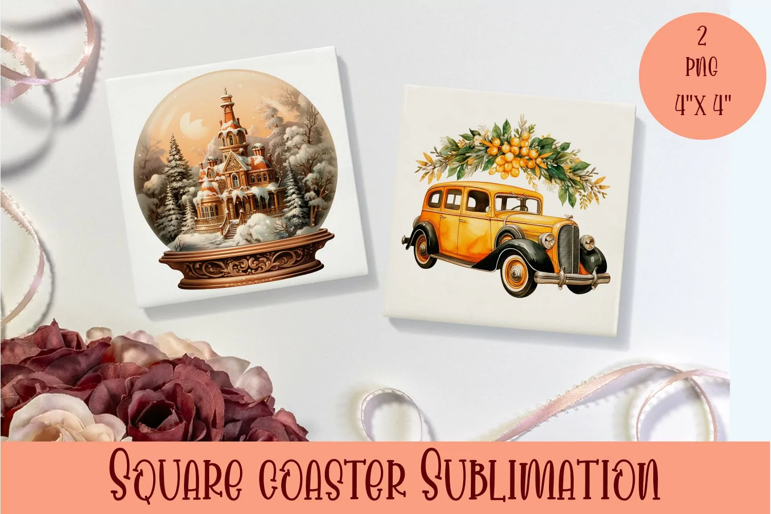 Peach color christmas victorian Square Coaster Sublimation product image 1