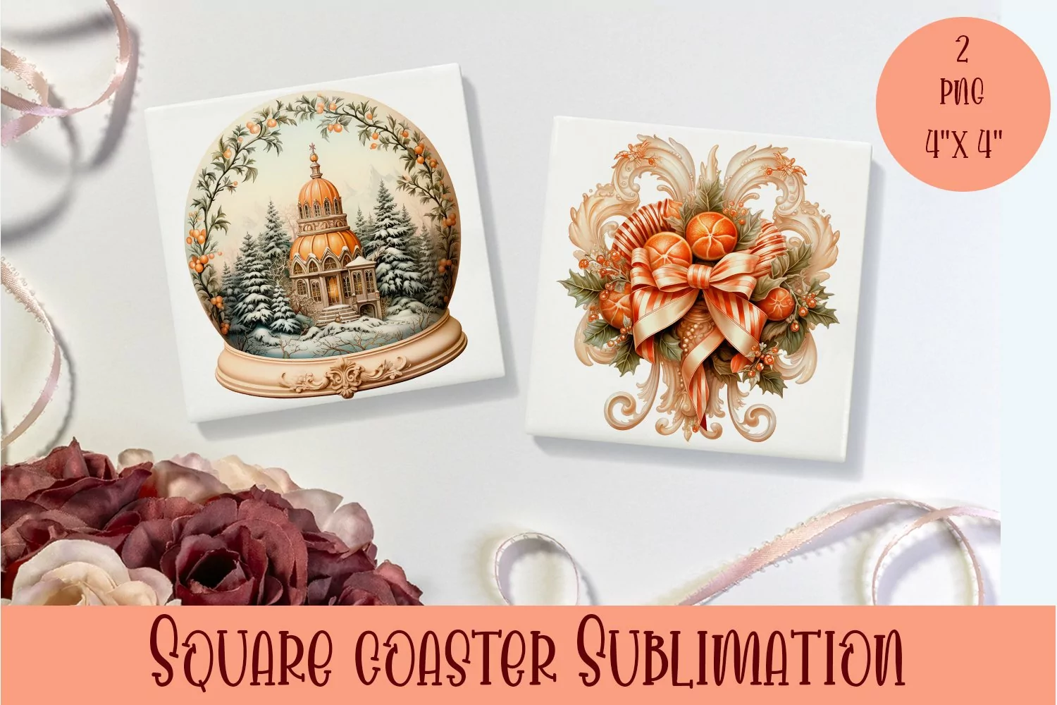 Peach color christmas victorian Square Coaster Sublimation product image 1