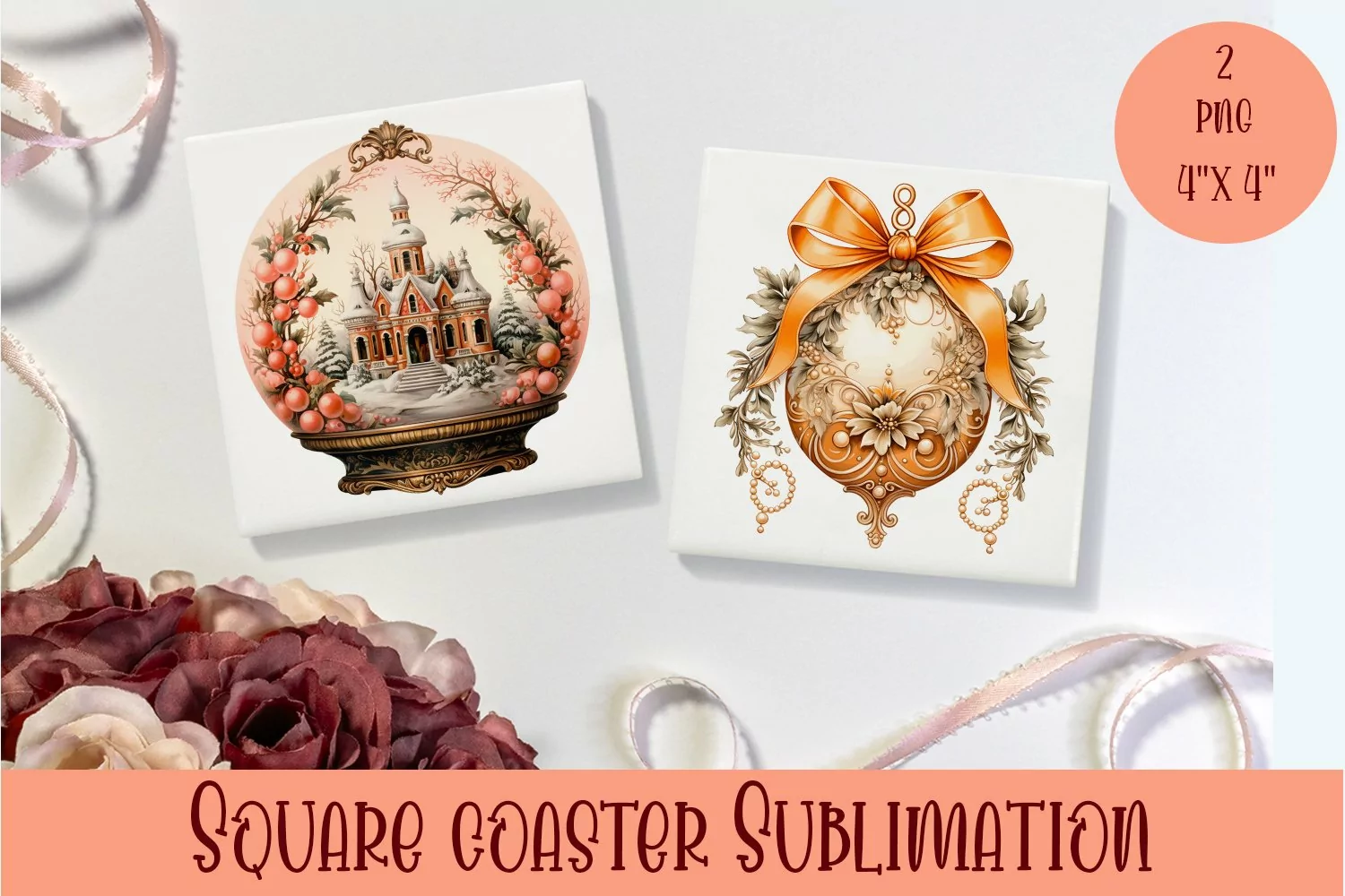 Peach color christmas victorian Square Coaster Sublimation product image 1