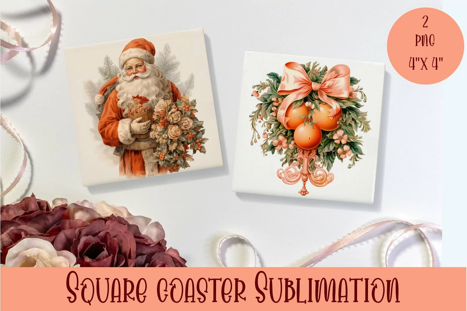 Peach color christmas victorian Square Coaster Sublimation product image 1