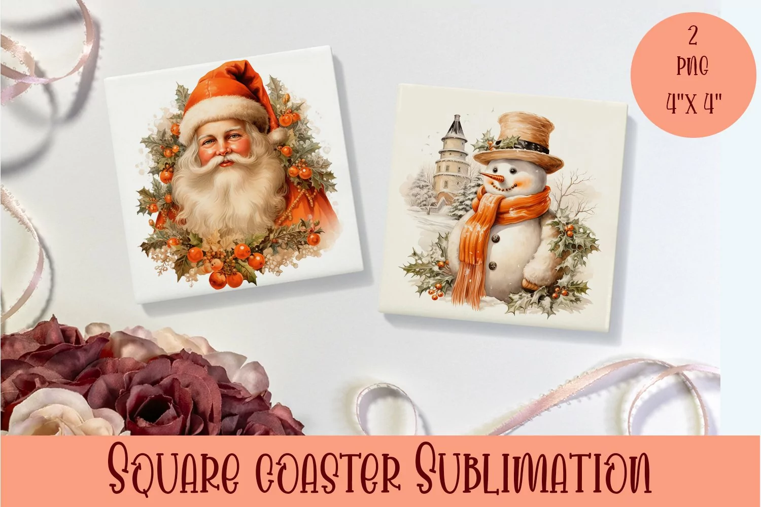 Peach color christmas victorian Square Coaster Sublimation product image 1