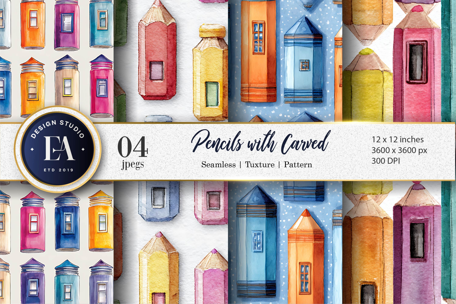 Hand-Painted Pencil Houses Seamless Pattern Digital Paper product image 1