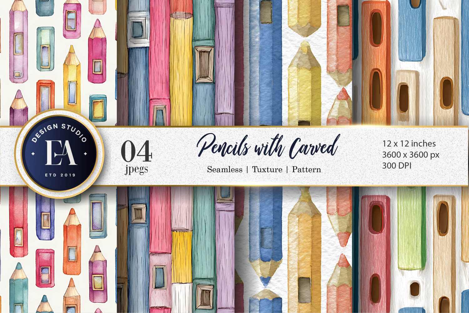 Pencils with Small Windows Carved Watercolor Digital Paper product image 1