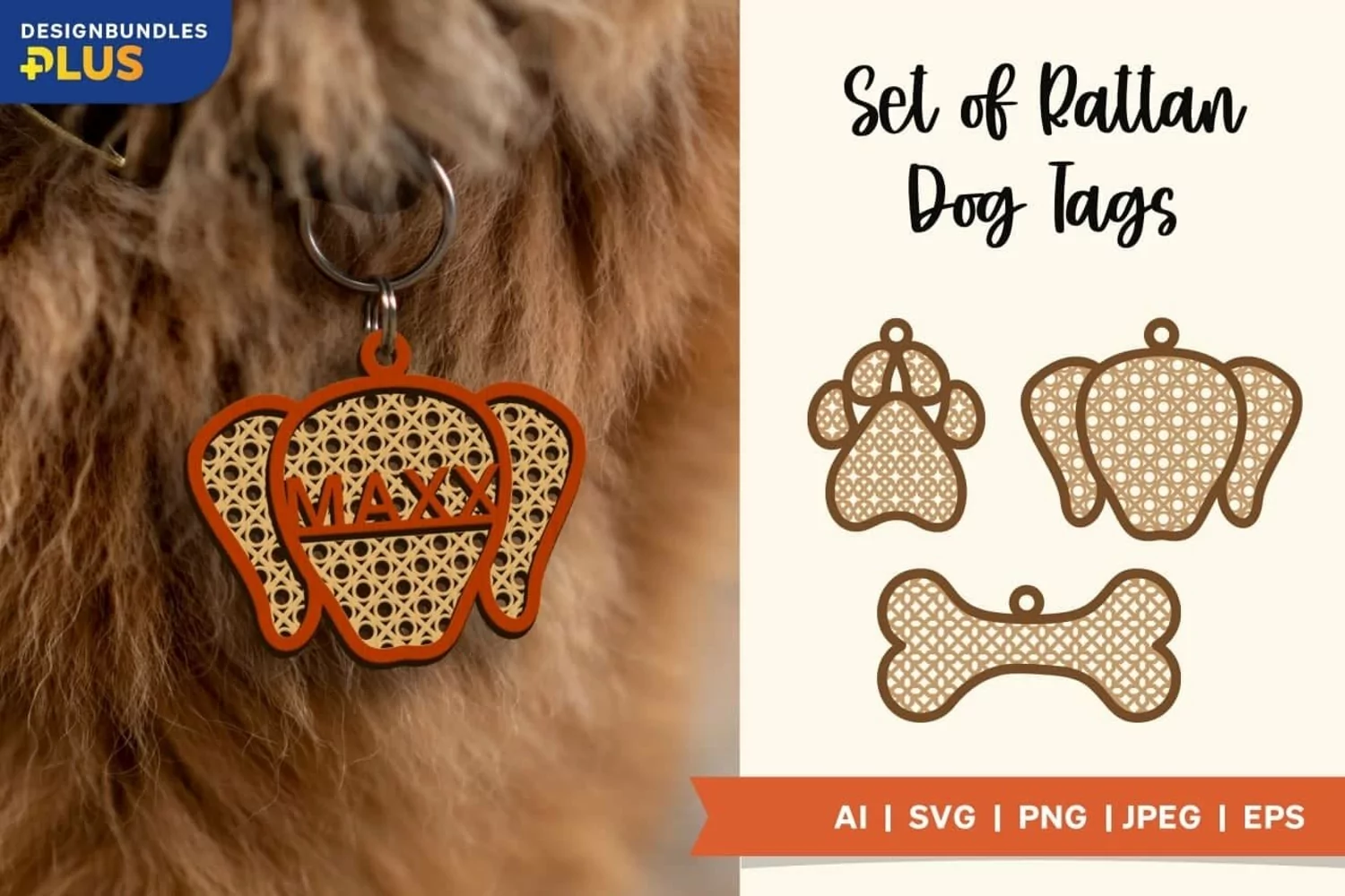 Dog Paw, Head and Bone, Rattan Dog Collar Tag Monogram Set product image 1
