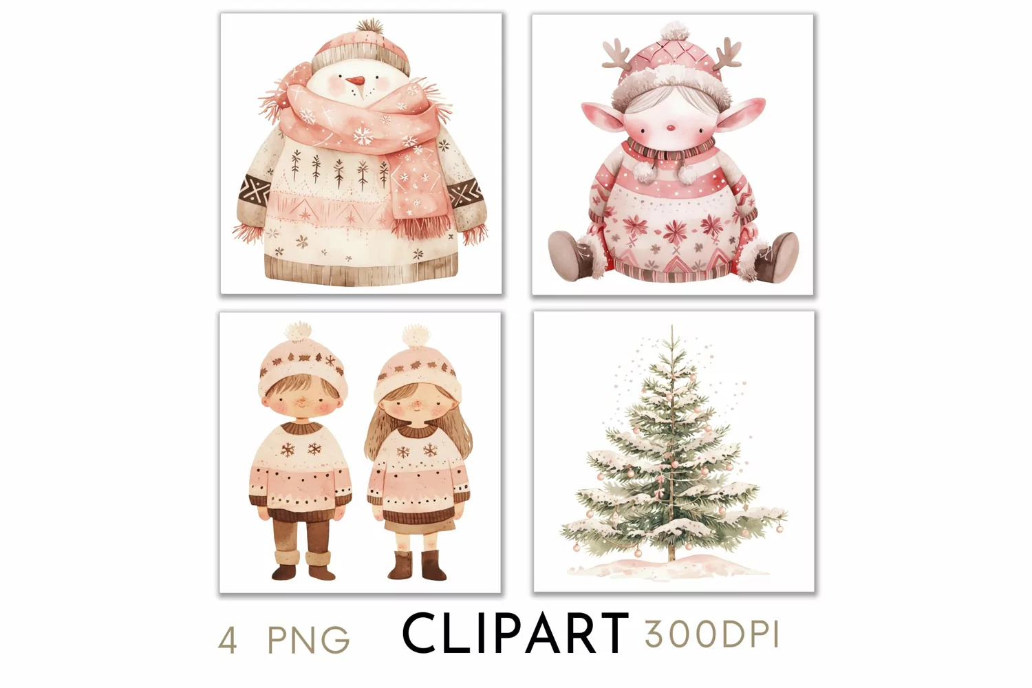 Pink Christmas Illustrations Watercolor PNG