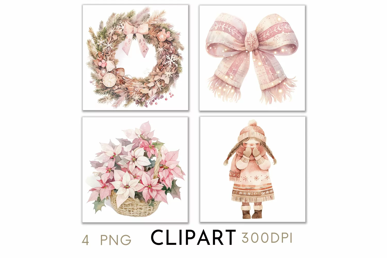 Pink Christmas Illustrations Watercolor PNG