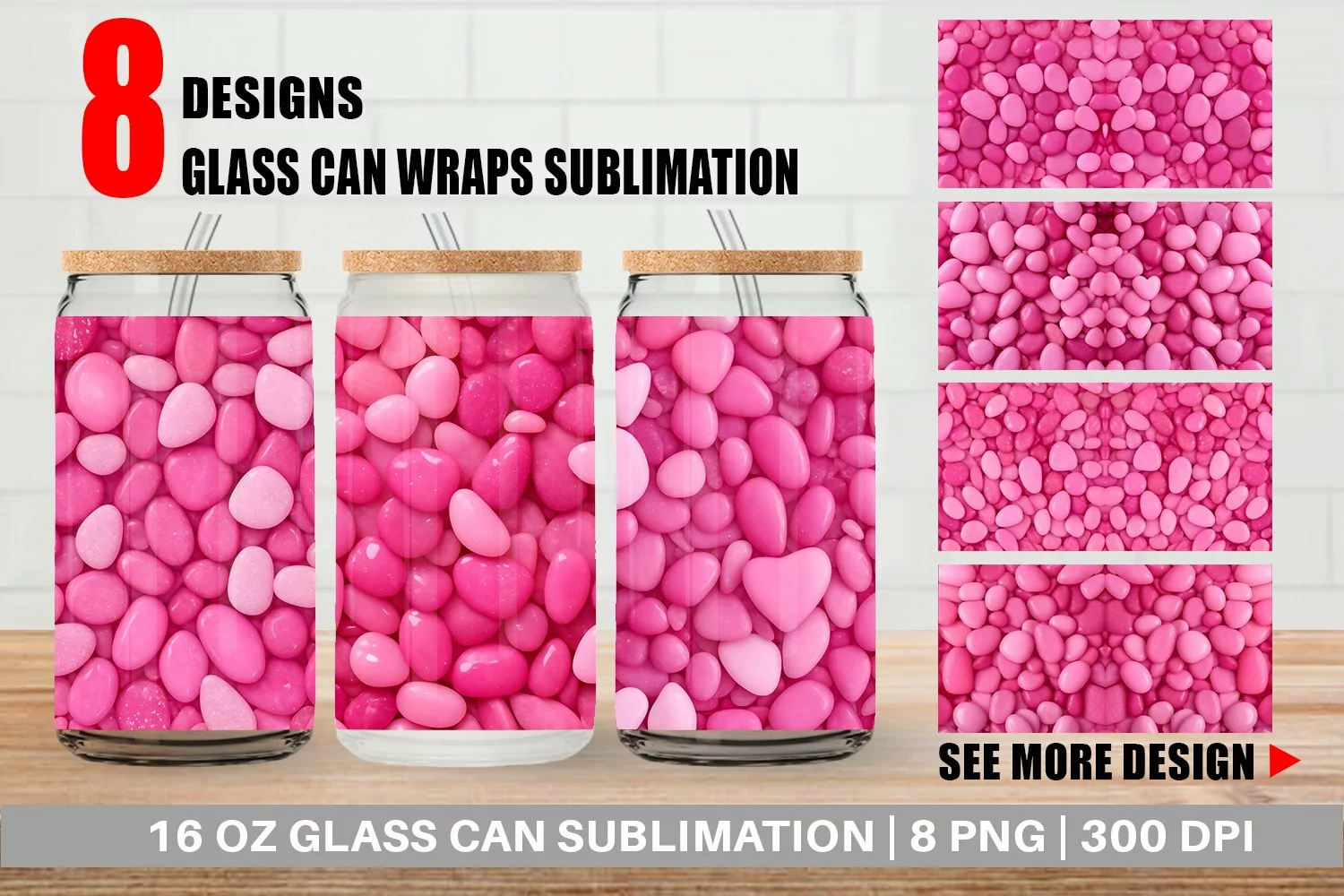 Glass Can Wraps Pink Color Stones product image 1