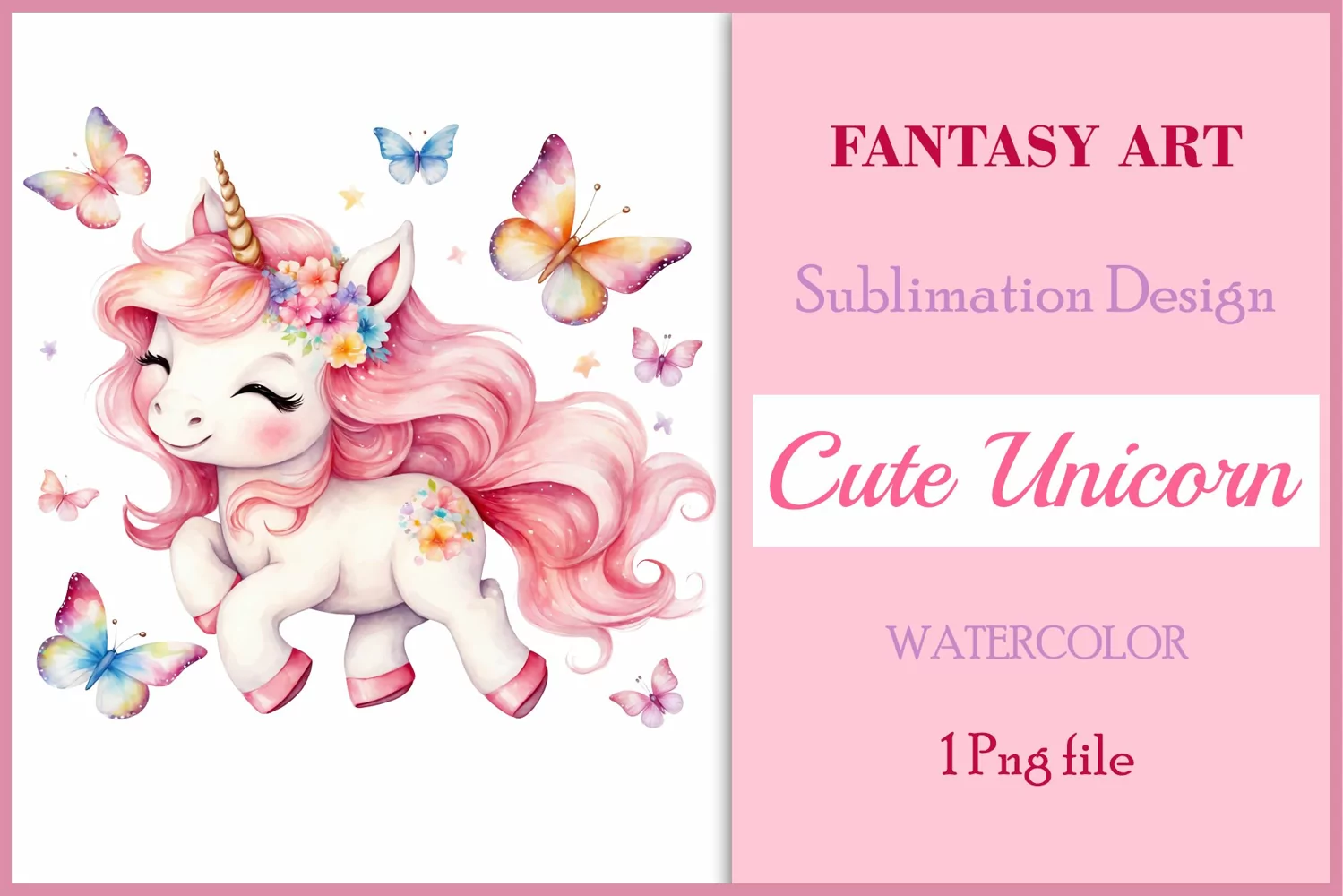 Watercolor illustration hand drawn clip art cute pink unicorn. Bright and colorful colors perfect for greeting card, birthday, baby shower, print, mug design and more. Pastel сolorful clipart, high resolution. Well for printing and sublimation 