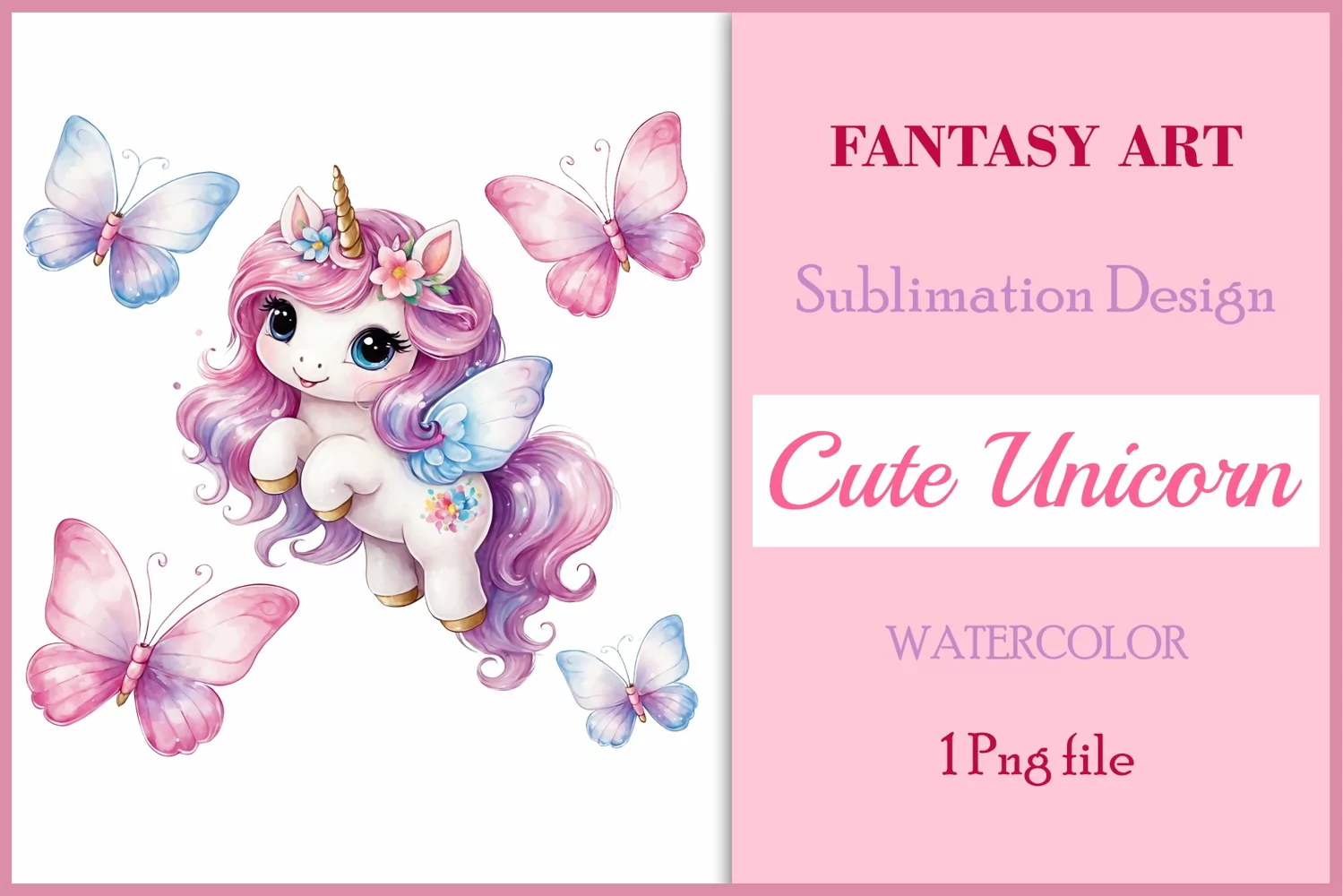 Watercolor illustration hand drawn clip art cute pink unicorn. Bright and colorful colors perfect for greeting card, birthday, baby shower, print, mug design and more. Pastel сolorful clipart, high resolution. Well for printing and sublimation 