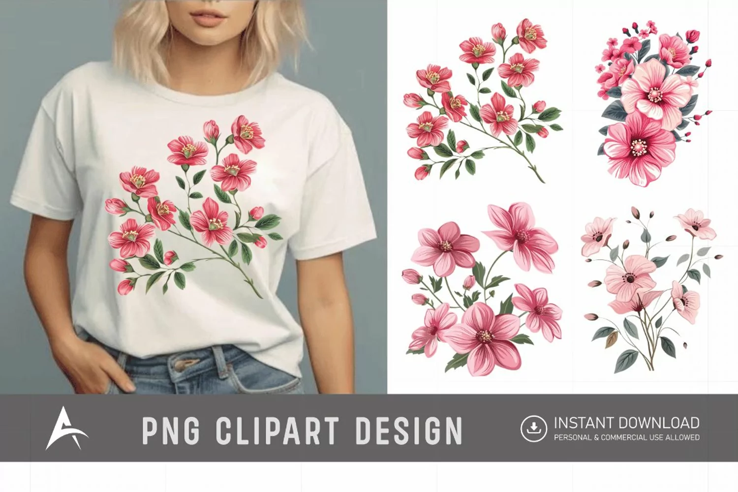 Watercolor Pink Flowers Clipart product image 1