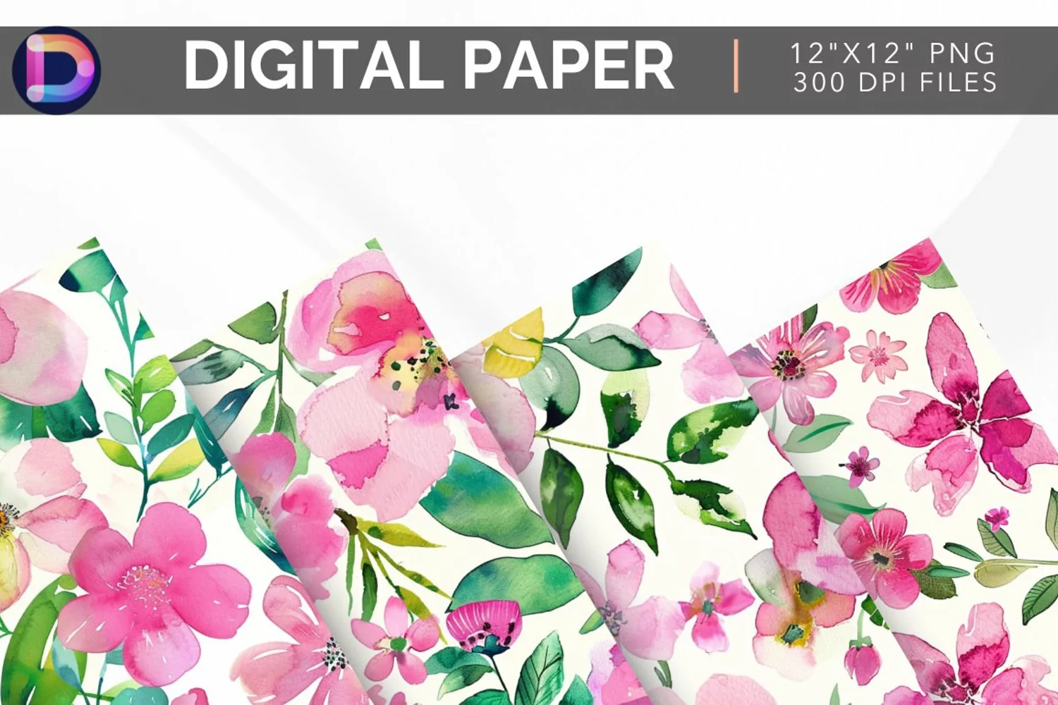 Pink & Green Watercolor Flowers Digital Paper product image 1