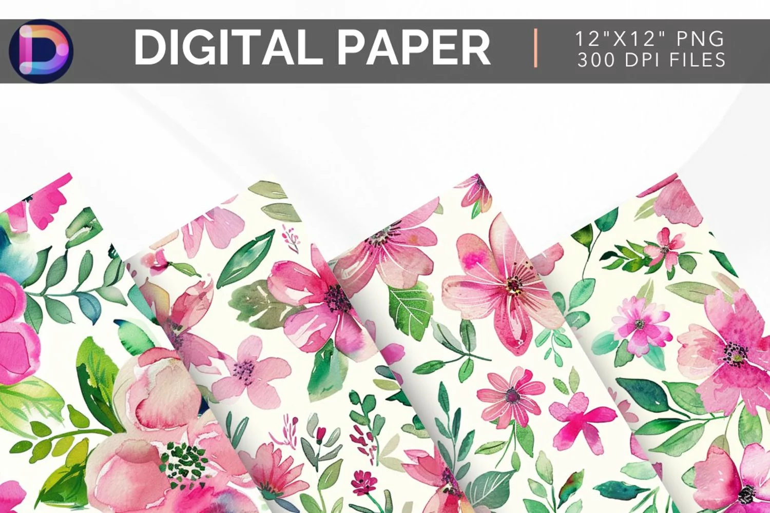 Pink & Green Watercolor Flowers Digital Paper product image 1