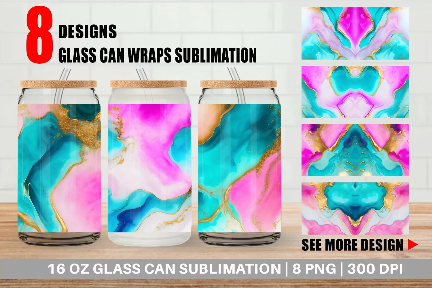 Pink Green Watercolor Ink Glass Can Wraps product image 1