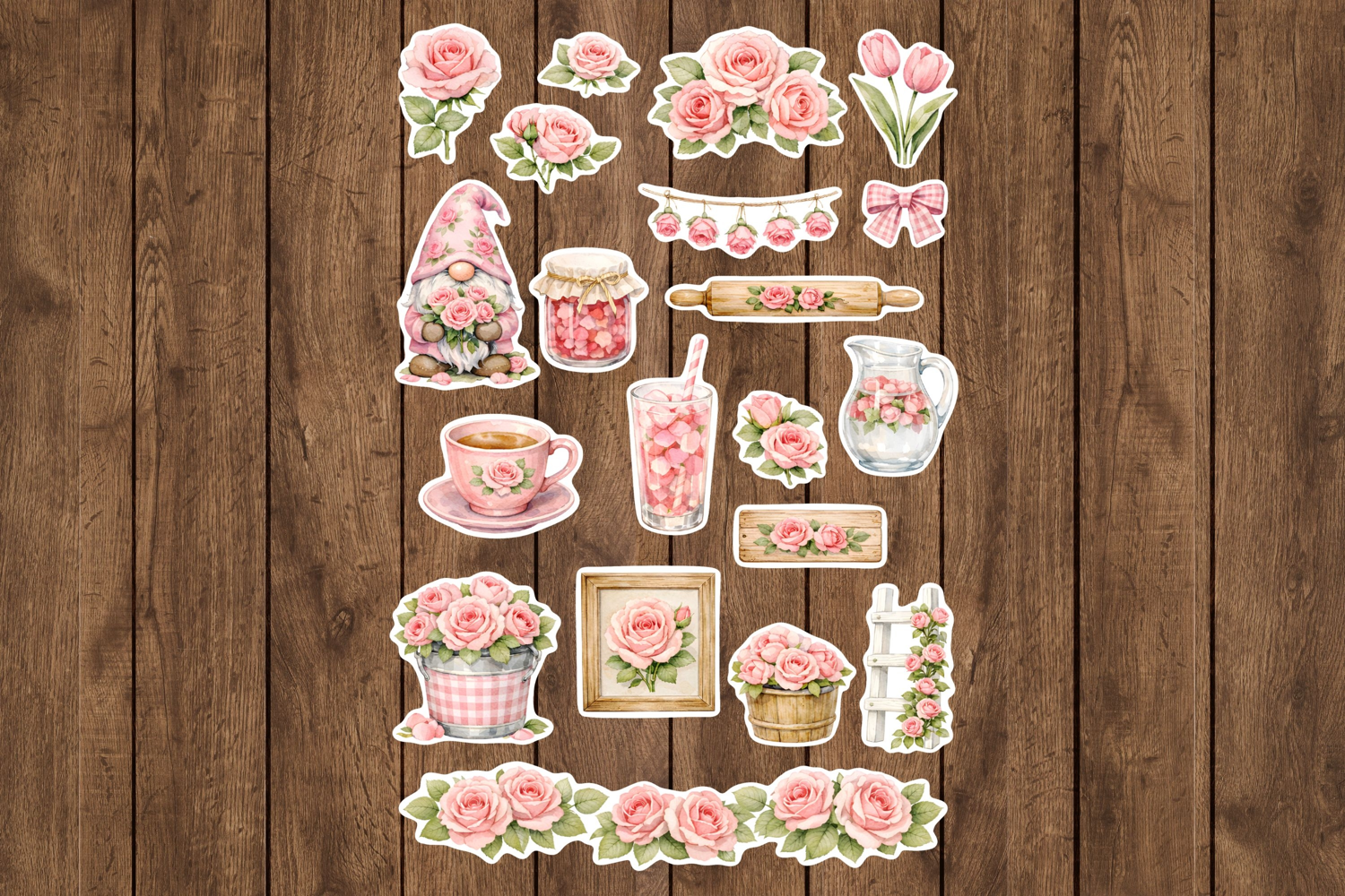 Pink Rose Cottagecore Printable Stickers - PNG Sticker Sheet