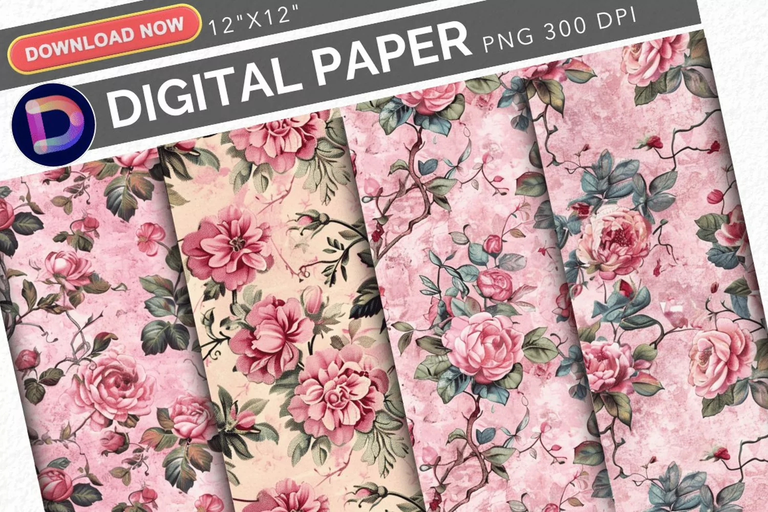 Pink Vintage Flowers Digital Paper product image 1
