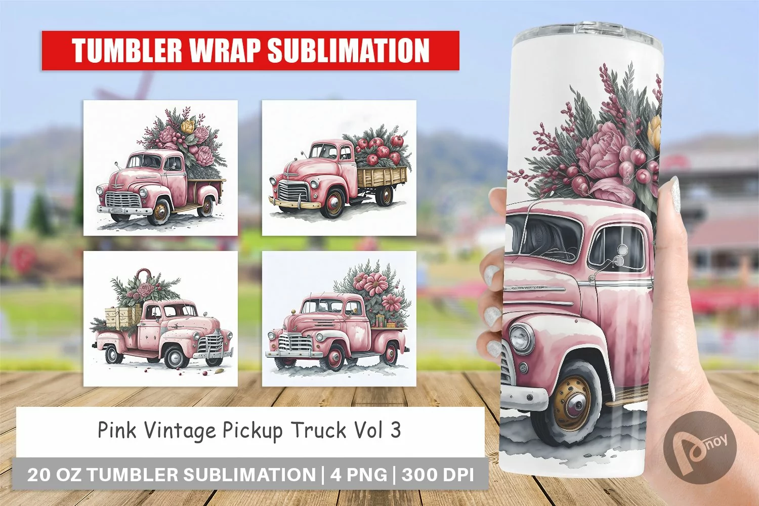 Tumbler Sublimation Wrap Pink Vintage Pickup Truck product image 1