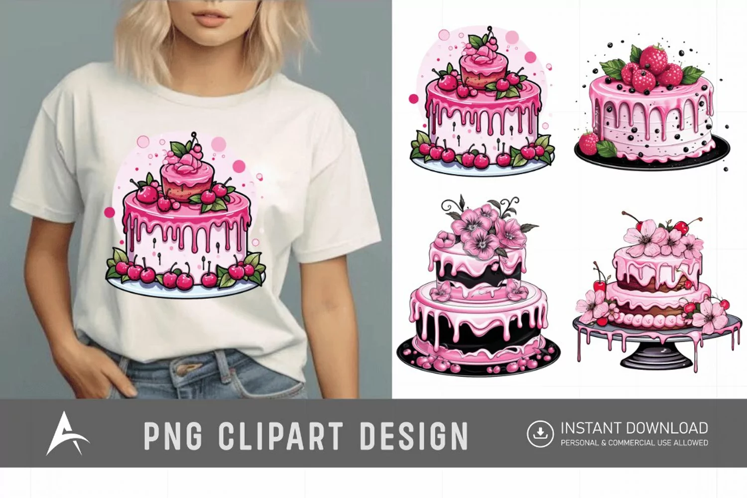 Watercolor Pink Cakes Sublimation Clipart product image 1